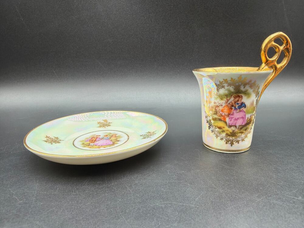 Leni Parbus Bavaria Demitasse Cup Saucer Courting Couple Luster Gold Germany